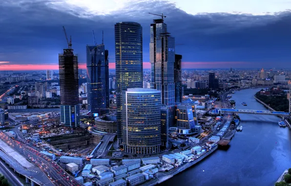 Sunset, river, home, skyscrapers, the evening, Moscow, Russia, bridges