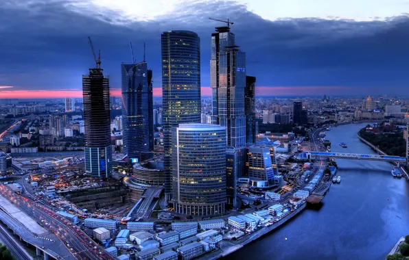 Picture sunset, river, home, skyscrapers, the evening, Moscow, Russia, bridges