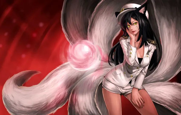 Picture girl, magic, ball, art, sphere, league of legends, tails, ahri