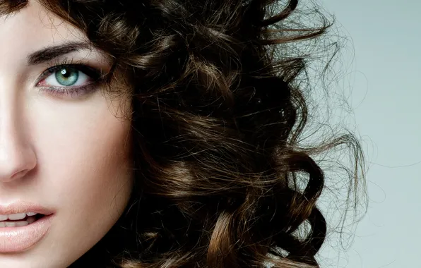 Look, girl, face, hair, curls, curls, green eyes