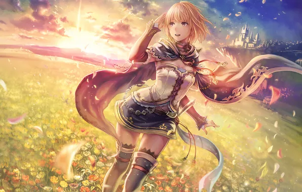 Picture sunset, castle, the wind, Girl, petals