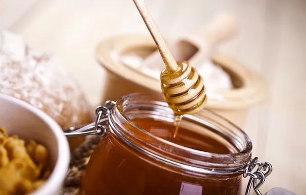 Picture table, honey, spoon, wooden, sweet, jar