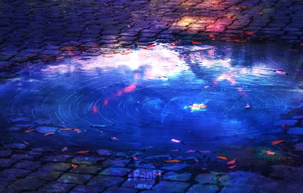 Autumn, the sky, leaves, reflection, puddle, bridge, by Lifeline