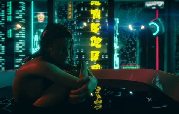 Girl, Night, The city, Neon, Bathroom, Style, Neon, Illustration