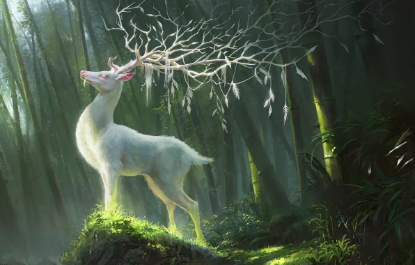 Picture fantasy, forest, horns, animal, digital art, artwork, branches, fantasy art