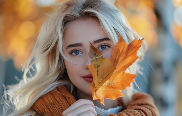 Autumn, look, girl, face, sheet, smile, hand, portrait