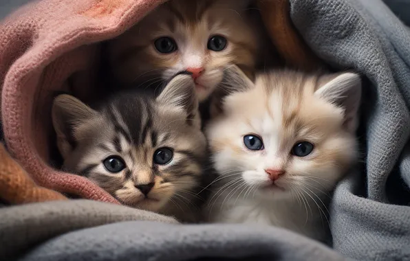 Cats, kittens, kids, company, Milota, faces, AI art, neural network
