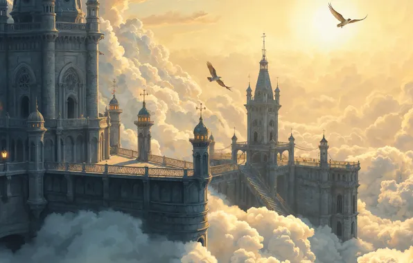 The sky, the sun, clouds, rays, light, birds, fog, castle