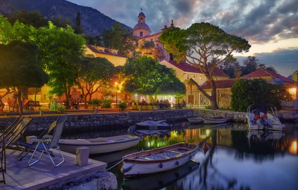 Picture water, landscape, mountains, home, boats, the evening, pier, lighting