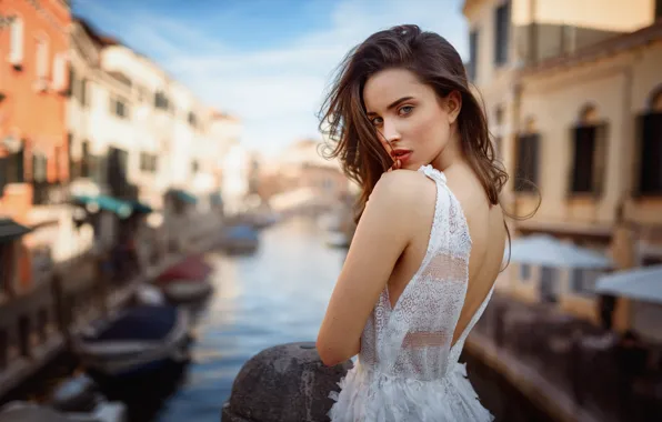 Picture girl, beautiful, pretty, brunette, gorgeous, white dress, Italian, charming