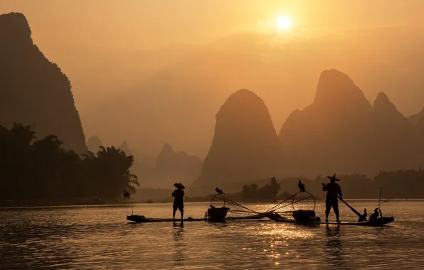 Sunset, mountains, boat, fisherman, China