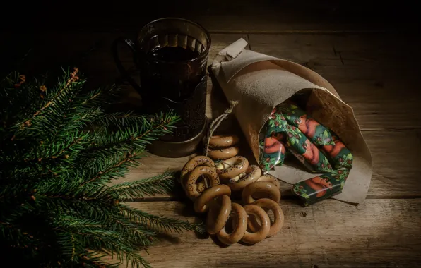 The dark background, tea, candy, USSR, still life, needles, items, bagels