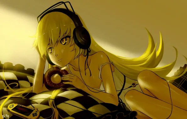 Look, girl, headphones, yellow, oshino shinobu