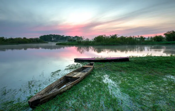 Picture summer, lake, dawn, boats, morning, Poland, The Biebrza national Park