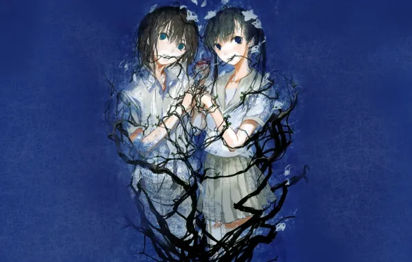 Branches, girls, blue background