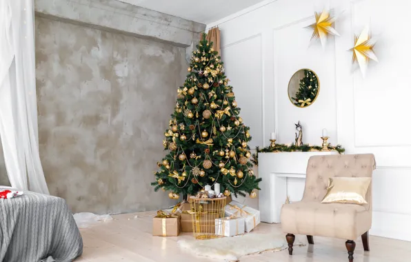 Picture winter, balls, room, holiday, tree, new year, interior, chair