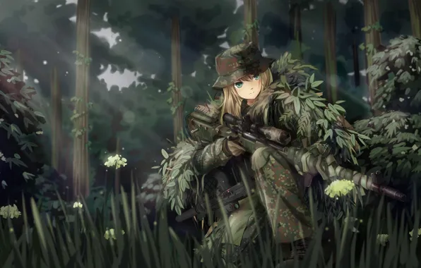 Forest, girl, weapons, soldiers, sniper, camouflage, art, tc1995