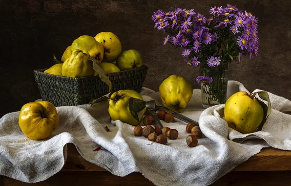 Picture flowers, walnut, still life, quince