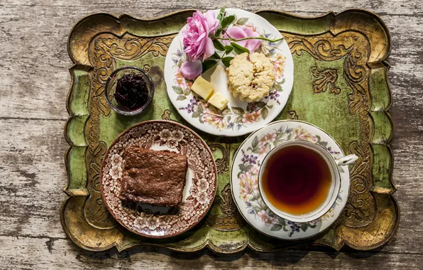 Flower, tea, rose, chocolate, cookies, plate, drink, saucer