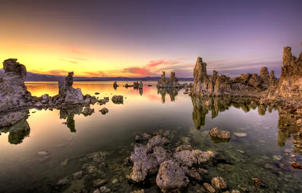 Picture sunset, lake, stones, rocks