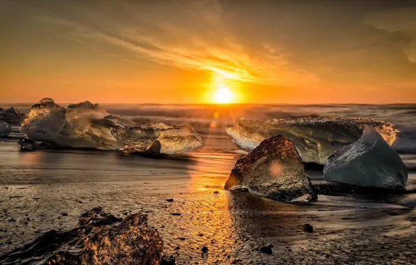 Sunset, Shore, Ice