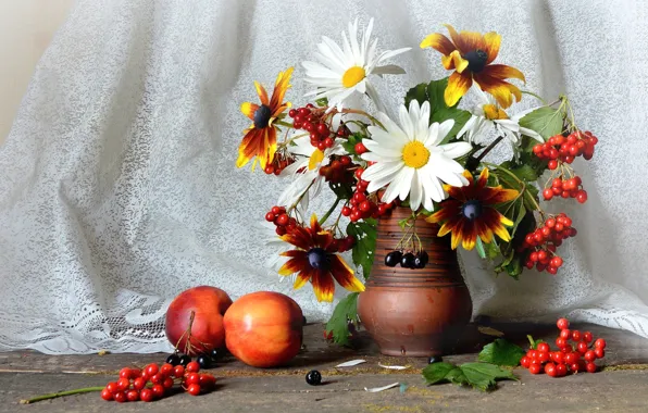Chamomile, bouquet, still life, Kalina, nectarines, rudbeckia, Aronia