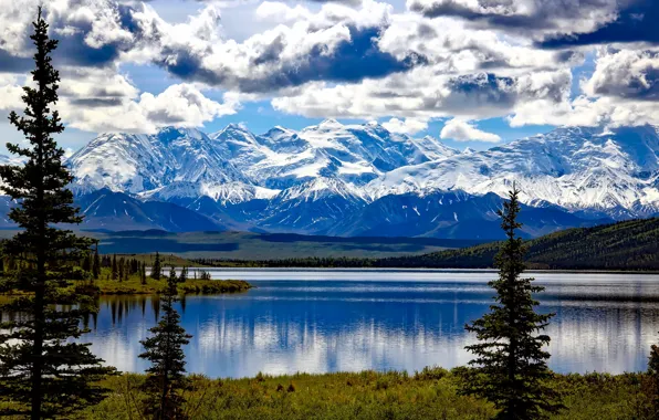 Clouds, trees, mountains, lake, glacier, Alaska, USA, Denali National Park