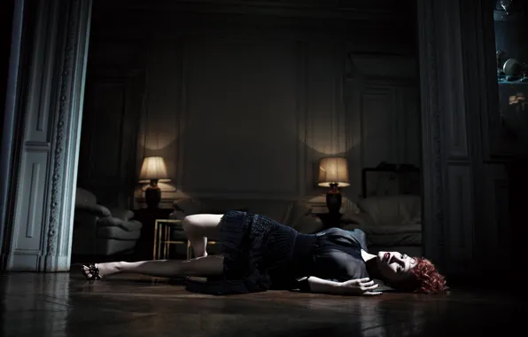 Girl, night, lamp, dress, actress, red, on the floor, Willie Vanderperre