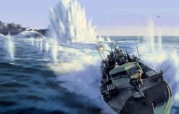 War, explosions, battle, Boat, shooting