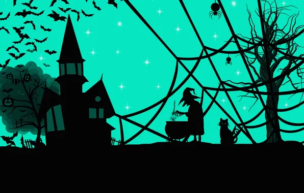 Picture house, cat, web, witch, Halloween