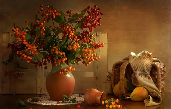 Autumn, branches, berries, table, bouquet, pot, pitcher, still life