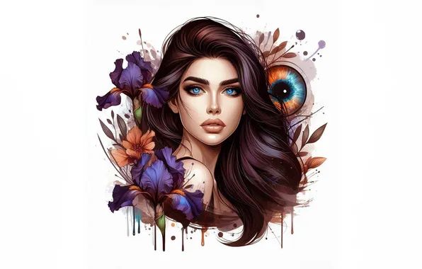 Girl, flowers, portrait, irises, stylized watercolor