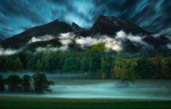 Picture field, autumn, forest, the sky, landscape, mountains, nature, fog