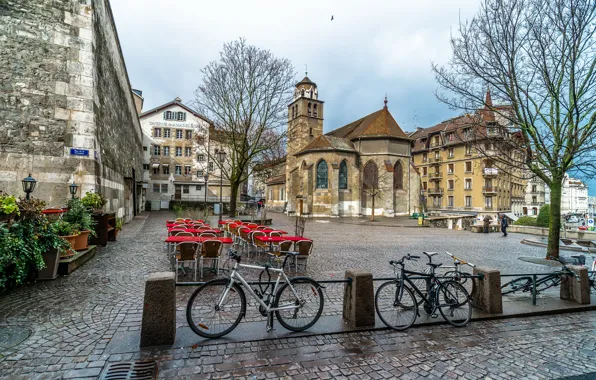 Picture the city, street, building, Switzerland, Switzerland, street, bikes, town