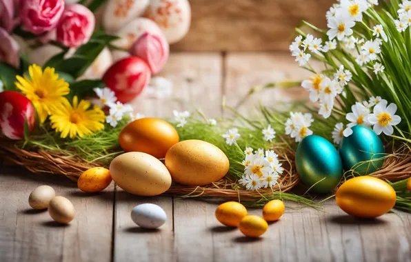 Flowers, eggs, spring, colorful, Easter, happy, flowers, spring