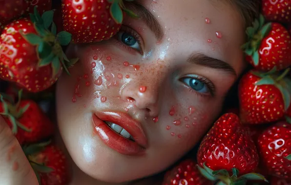 Look, girl, drops, close-up, face, pose, berries, portrait