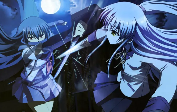 Night, blade, fight, blow, dagger, Schoolgirls, the full moon, art