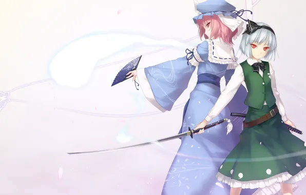 Picture weapons, girls, sword, petals, fan, touhou, art, konpaku youmu