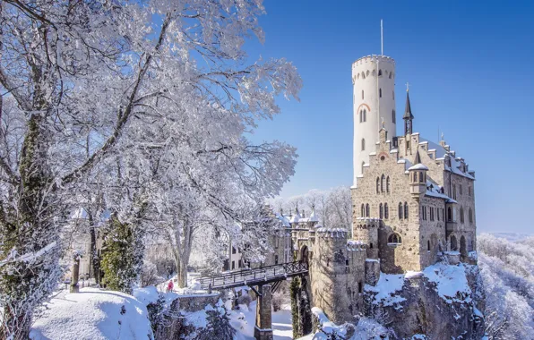 Winter, the sun, bridge, castle, Germany, Baden-Württemberg, Lichtenstein Castle, Hanau