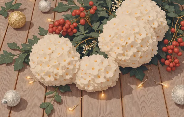 Balls, flowers, Board, bouquet, Christmas, New year, white, garland