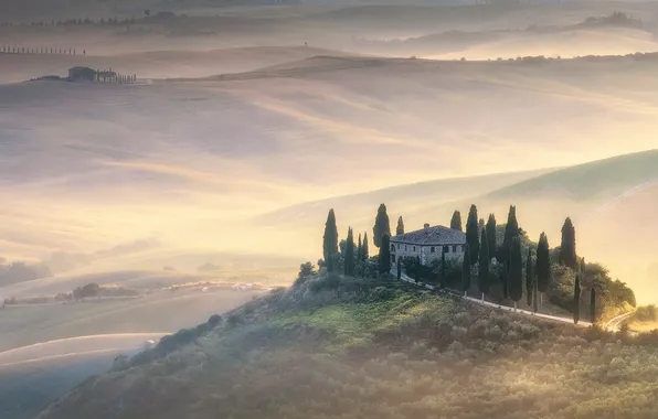 Mountains, fog, house, hills, the slopes, morning, Italy, haze
