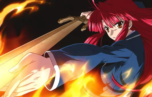 Picture girl, lights, sword, Kaze No Stigma, Ayano Kannagi, red volossy, Seal of the wind
