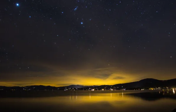 The sky, stars, lake, glow, California, Lake Tahoe, Kings Beach