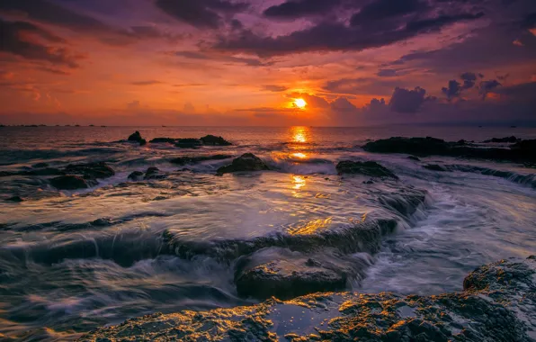 Sunset, The sky, Water, Clouds, Sea, Stones, Shoal, Shine