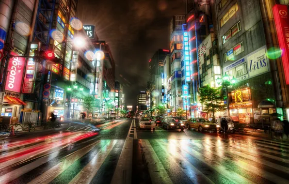 Road, machine, night, building, Tokyo, Japan