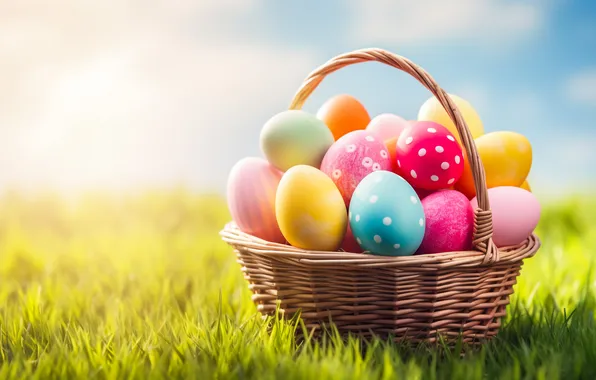 Flowers, basket, glade, eggs, spring, colorful, Easter, happy