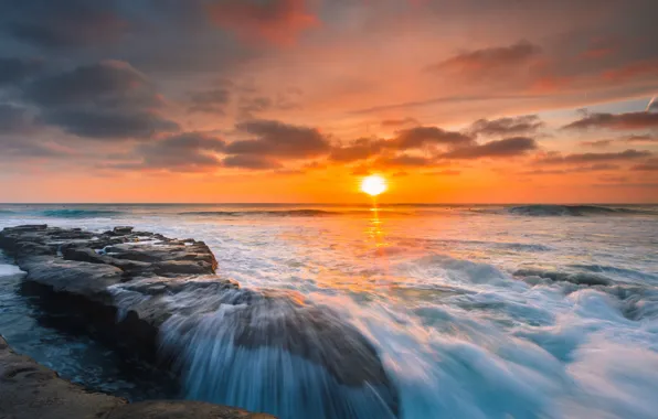 Sea, wave, the sky, water, the sun, clouds, sunset, stones