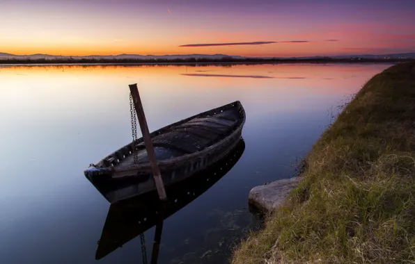 Sunset, river, boat