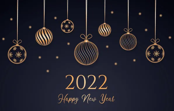 Gold, balls, figures, New year, golden, black background, new year, happy