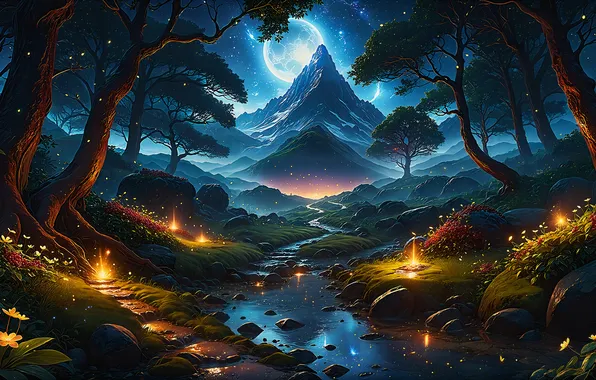 Picture forest, landscape, nature, night, AI art